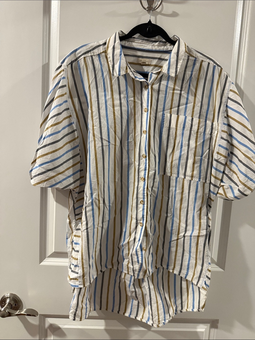 Pilcro Oversized White Button-Down Shirt with Blue and Brown Stripes